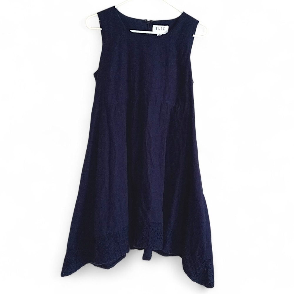 Elle Navy Blue Knee Length Sharkbite Hem Dress Eyelet Crochet